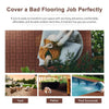 A set of interlocking deck tiles used to cover a bad flooring job, shown in various outdoor settings.