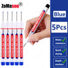 A hand holds a blue Long-Nib Marker tool with five markers, demonstrating its use for depth marking.