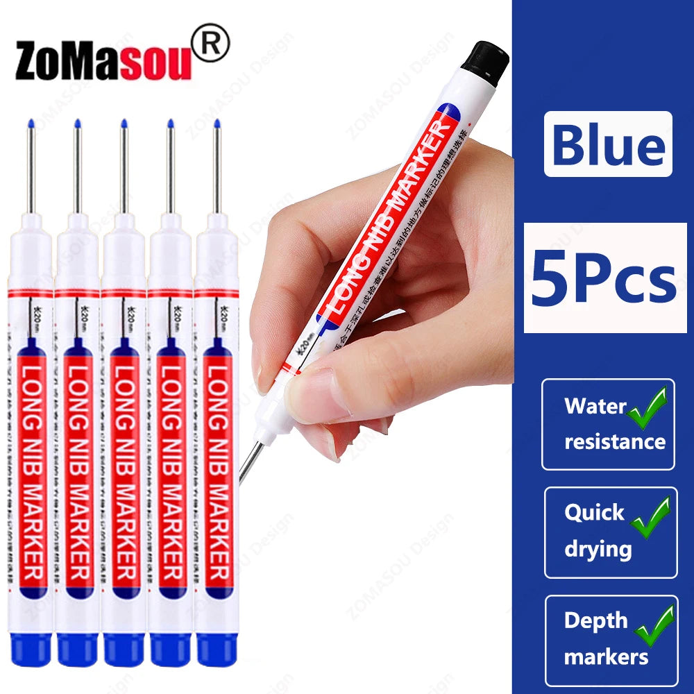 A hand holds a blue Long-Nib Marker tool with five markers, demonstrating its use for depth marking.