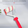 A red paint edger roller with white wool bristles is shown against a light gray background.