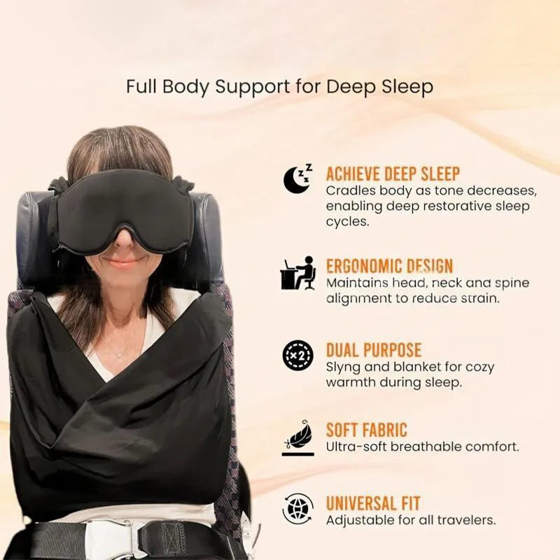 A woman is shown wearing a black sleep mask and neck pillow for deep sleep support.