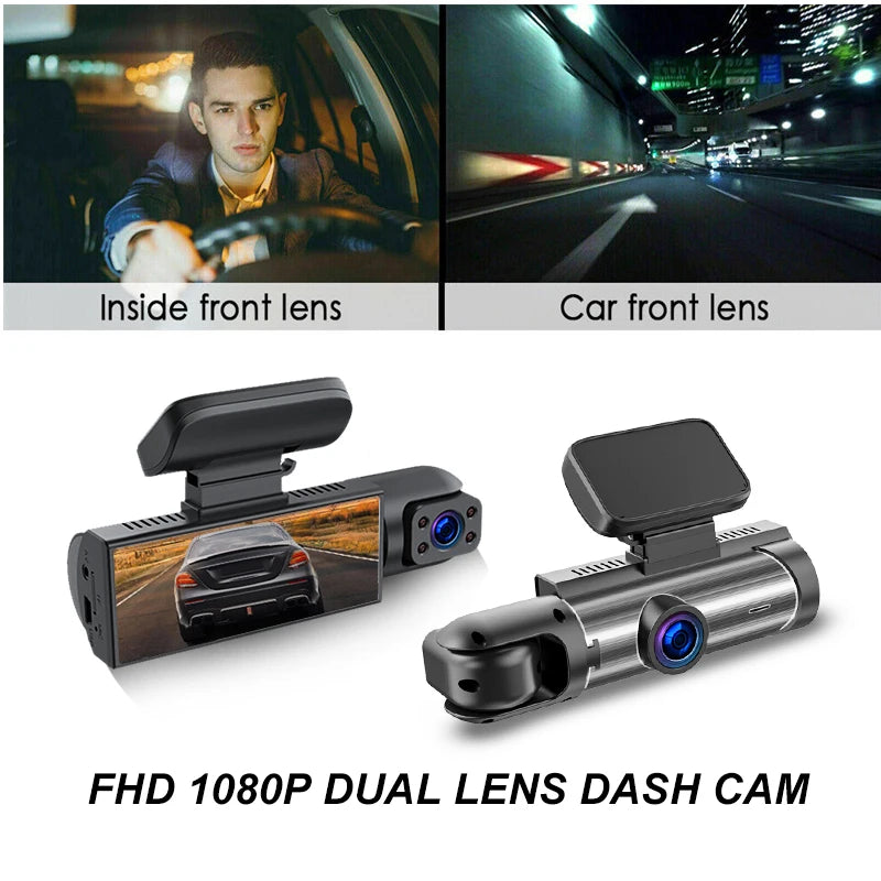 A black dual lens dash cam is shown with separate views of the inside front, car front, and a product title.
