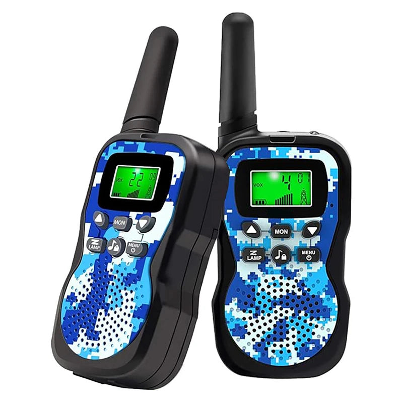 A pair of blue and black walkie-talkies with digital displays are shown against a white background.