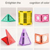 A collection of magnetic building tiles in various colors and shapes, including triangles, rectangles, and other geometric fo