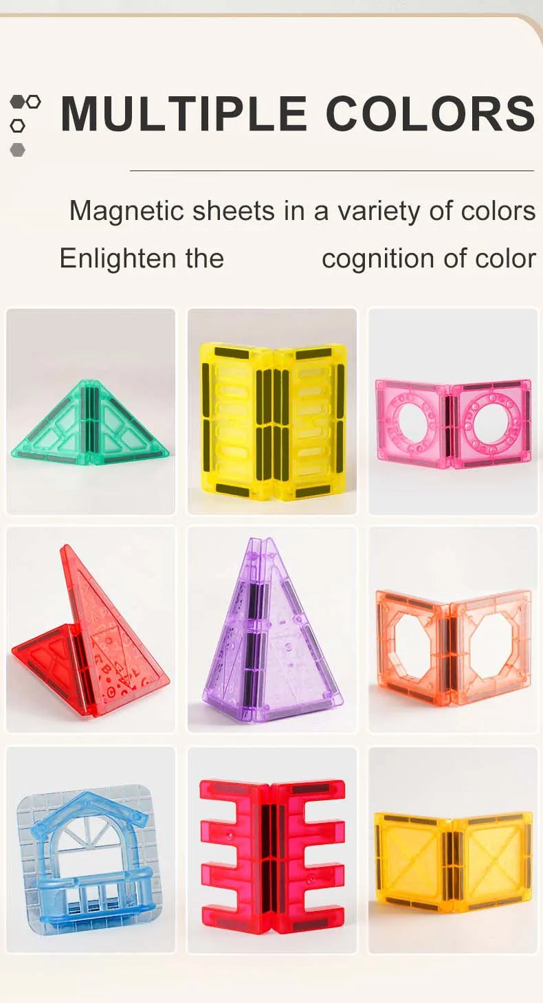 A collection of magnetic building tiles in various colors and shapes, including triangles, rectangles, and other geometric fo