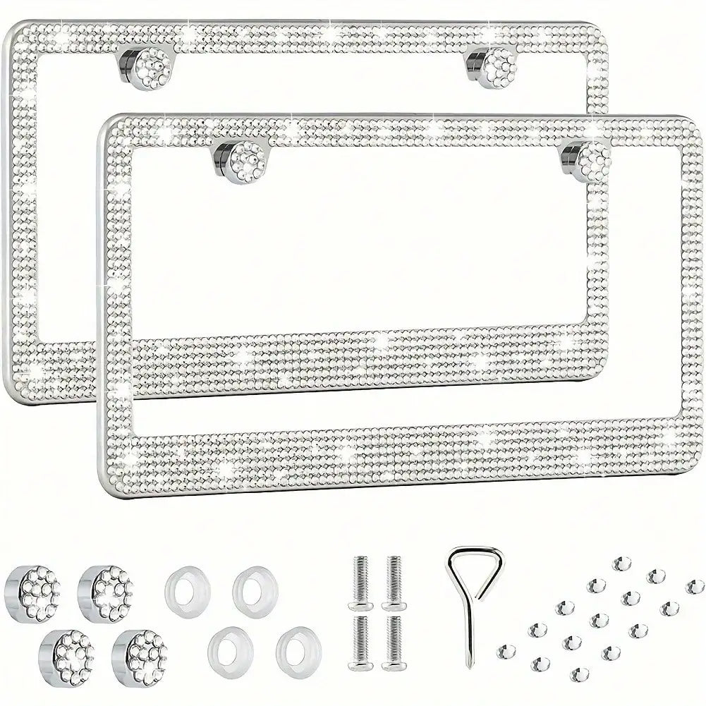 Crystal Rhinestone License Plate Frame with Screw Caps