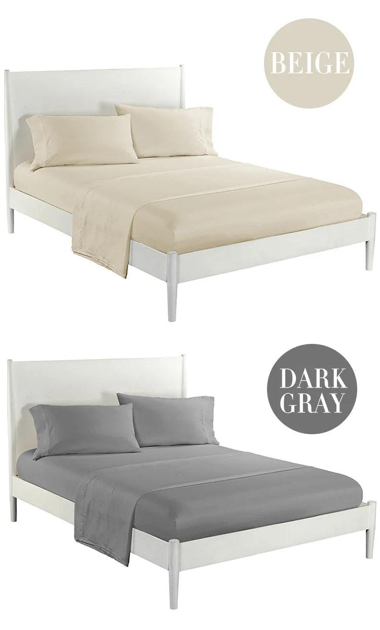 Cadre de lit blanc avec des ensembles de linge de lit en microfibre beige et gris foncé.
