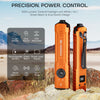 Orange multi-beam tactical flashlight with a black grip and light, resting on rocks.
