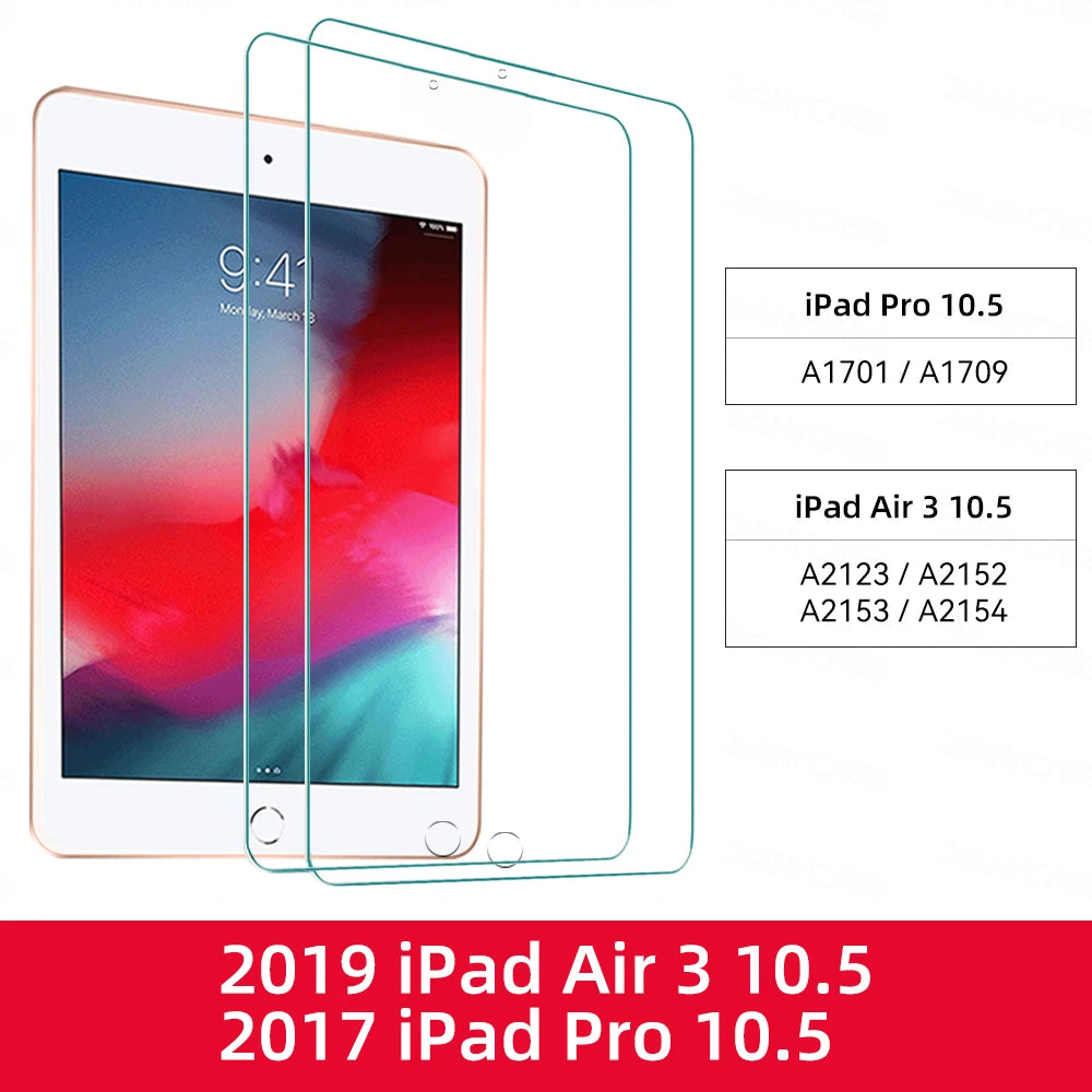 Two tempered glass screen protectors for the 2019 iPad Air 3 10.5 and 2017 iPad Pro 10.5 models.