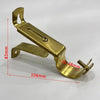 Brass metal curtain rod brackets with adjustable wall mount support showing dimensions.