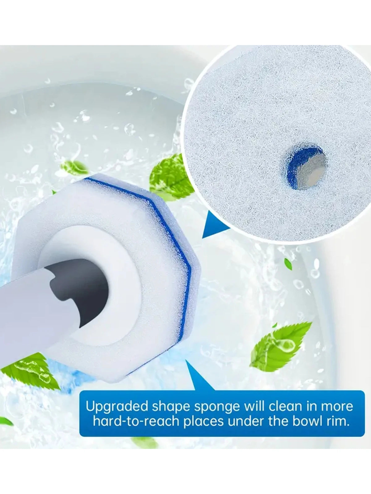 A white sponge cleaning wand is shown under a bowl rim, demonstrating its use for cleaning hard-to-reach places.
