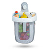 A light gray hanging storage bag for bath toys with a white plastic holder and a mesh pocket.