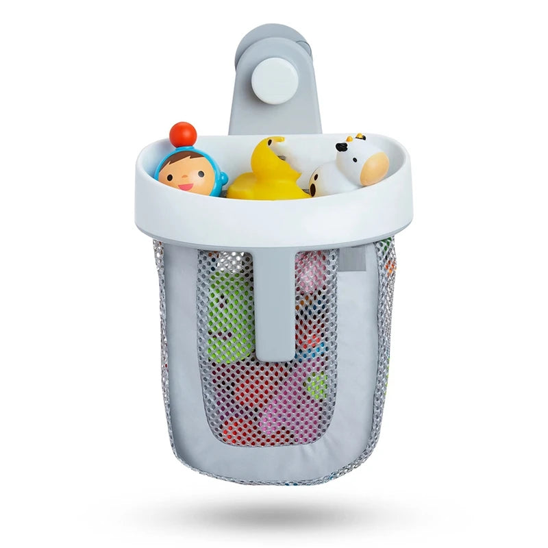 A light gray hanging storage bag for bath toys with a white plastic holder and a mesh pocket.