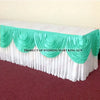 Elegant ice silk table skirt with matching top swag in white and mint green colors.