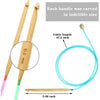 A set of 23 Tunisian crochet hooks with bamboo handles and blue cables shown next to a wooden piece.