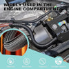 Close-up of a black braided cable sleeve used in the engine compartment, highlighting its fireproof and durable features.