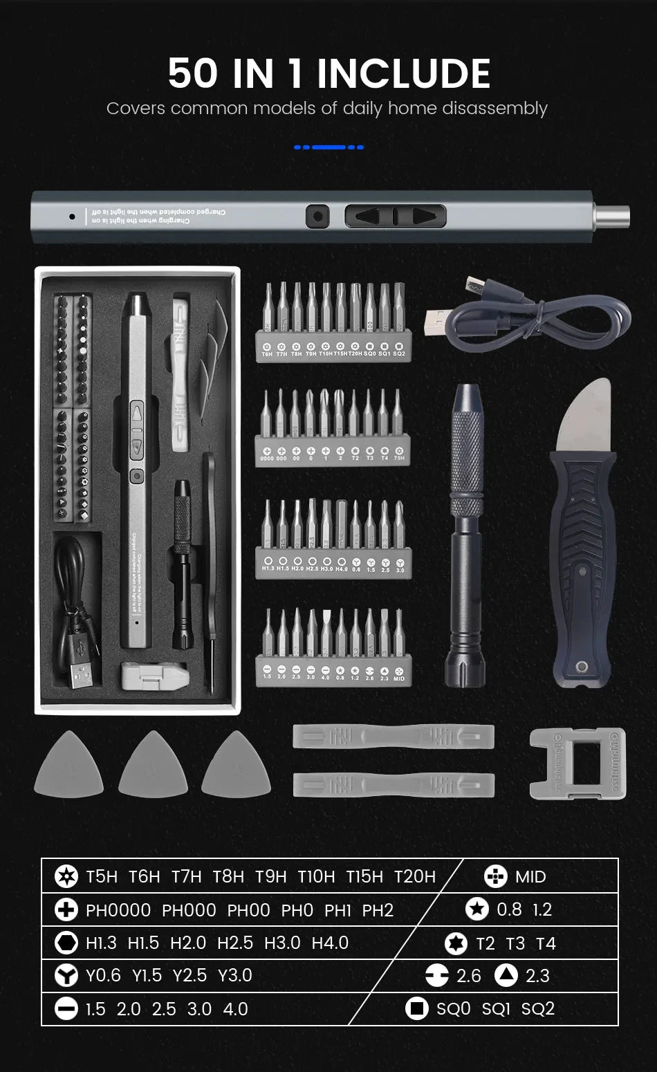 A set of 50 in 1 precision screwdrivers and magnetic bits for daily home disassembly, including various sizes and tips.