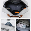A light gray travel duffle bag showing its interior and a front zip pocket, along with a separate dry and wet separation bag.