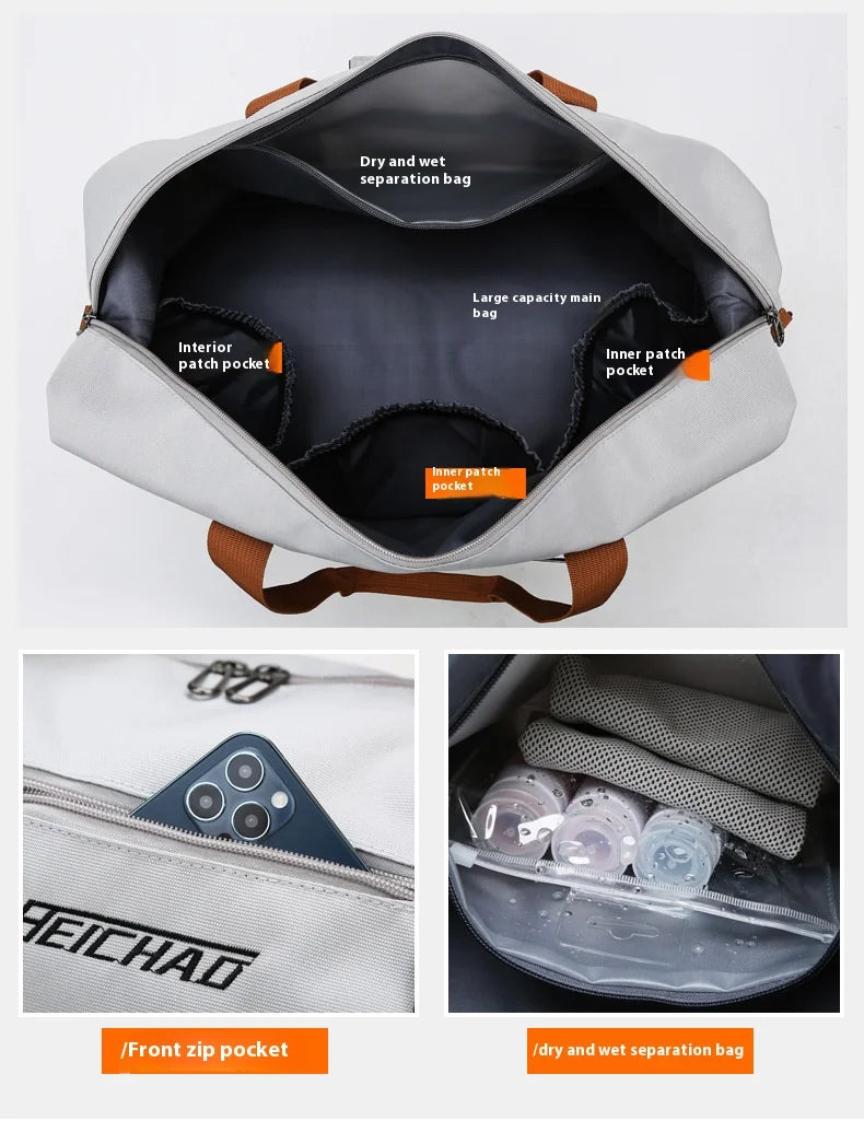A light gray travel duffle bag showing its interior and a front zip pocket, along with a separate dry and wet separation bag.