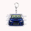 A silver metal key ring attached to a model of a blue sports car.