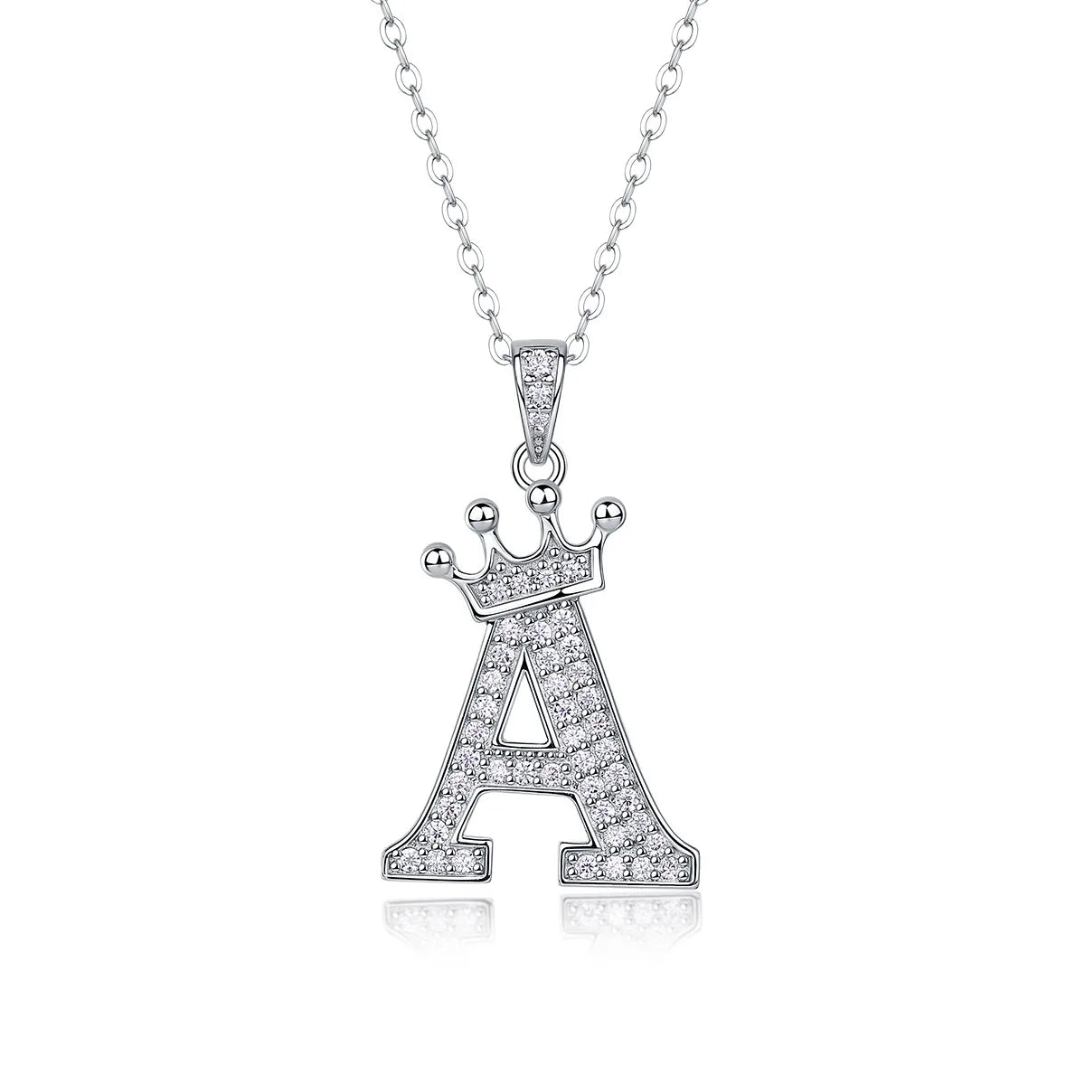 A letter pendant necklace featuring the letter A made of sterling silver and moissanite stones