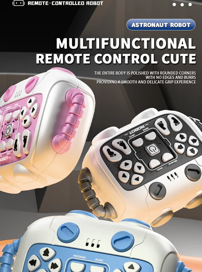 Close-up view of a multi-functional remote control robot in various colors and angles.
