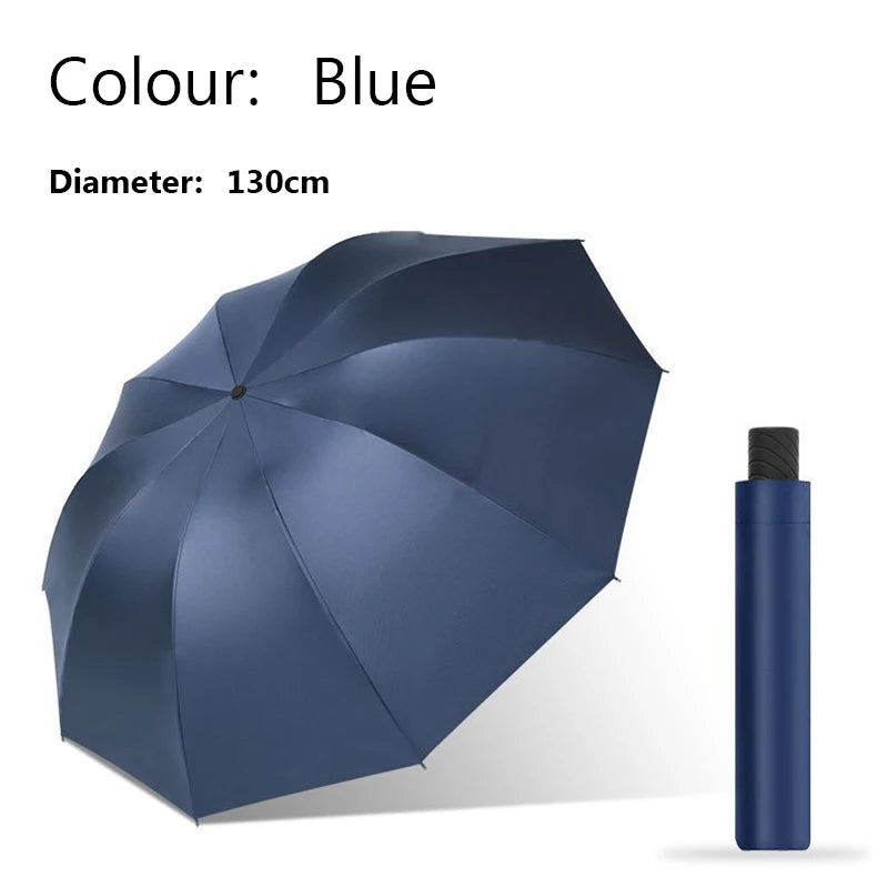 A dark blue, extra-large windproof folding umbrella with a 130cm diameter.