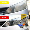 Before and after comparison of a car headlight restoration kit applied to a vehicle's clear lens.