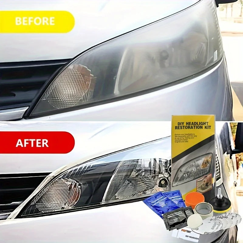 Before and after comparison of a car headlight restoration kit applied to a vehicle's clear lens.
