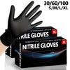 A hand wearing a black nitrile glove is shown next to boxes of disposable nitrile gloves in various pack sizes.