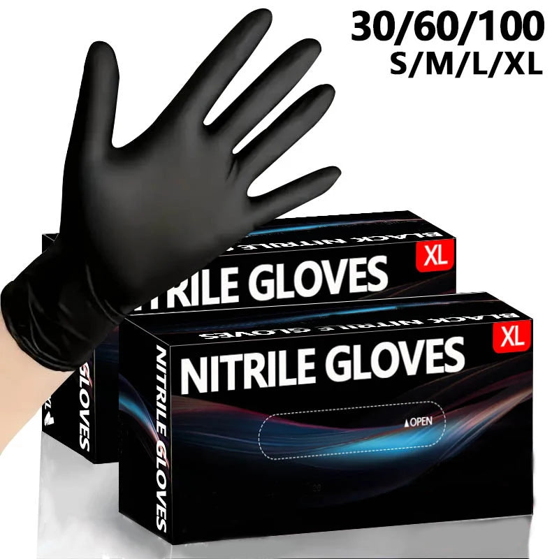 A hand wearing a black nitrile glove is shown next to boxes of disposable nitrile gloves in various pack sizes.