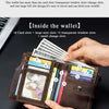 A brown leather wallet is shown open, displaying various card slots and cash inside.