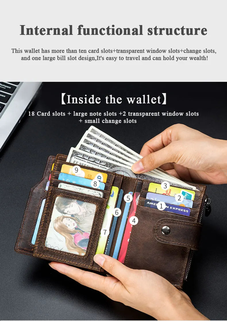 A brown leather wallet is shown open, displaying various card slots and cash inside.