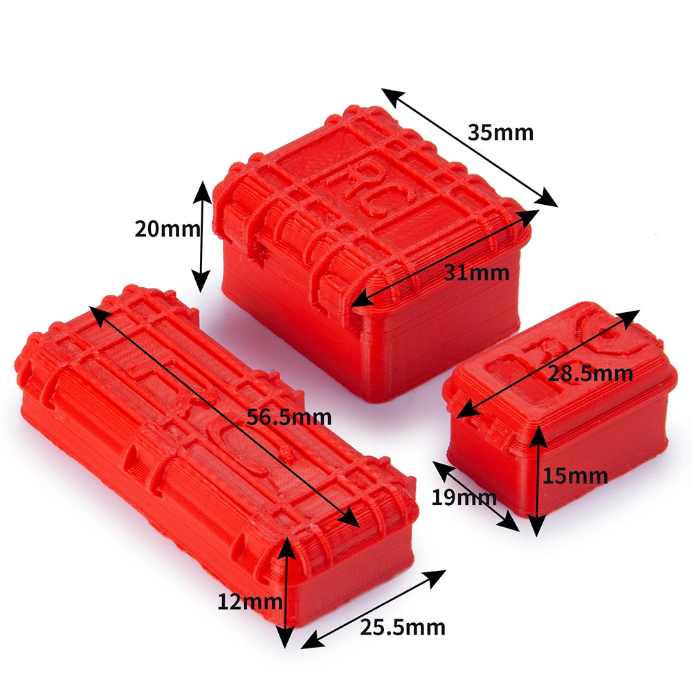 Red plastic mini jack stand and tool set for RC crawlers with various dimensions shown.