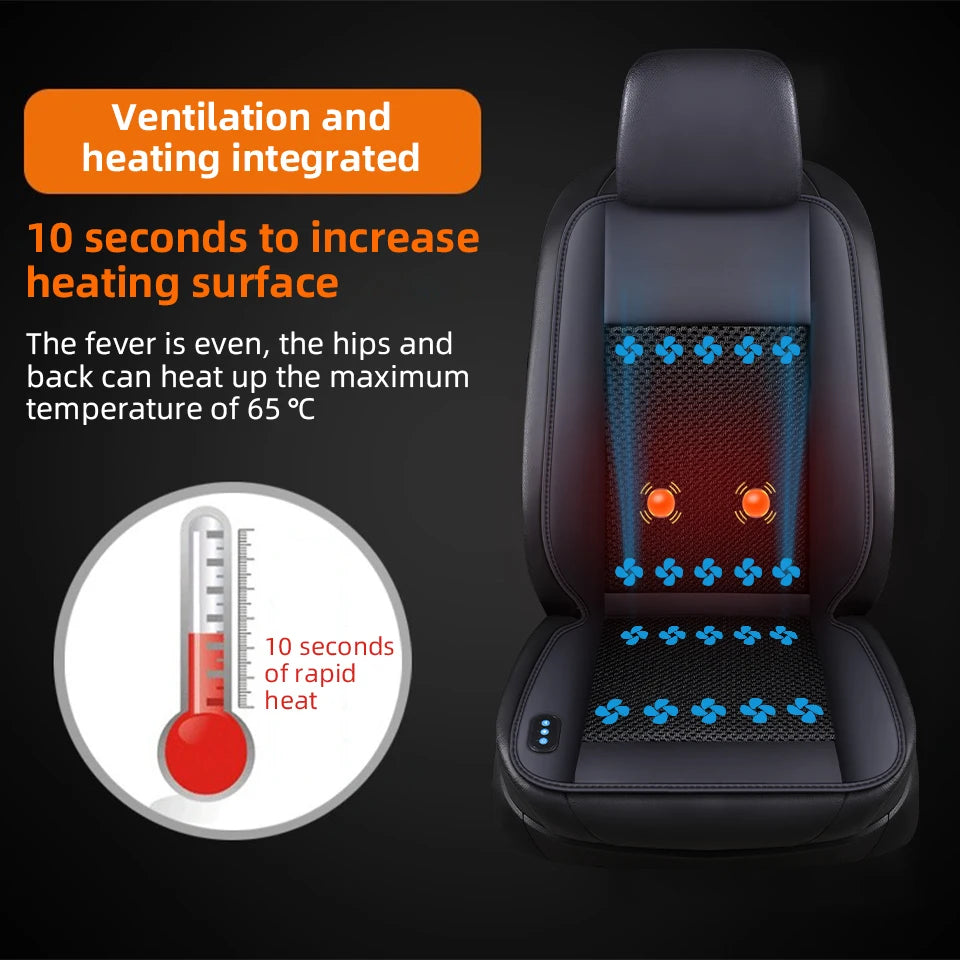 A black car seat cushion with integrated ventilation and heating features, showing a heat indicator.