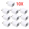 Ten white compact dual-port USB wall chargers with 2.1A output
