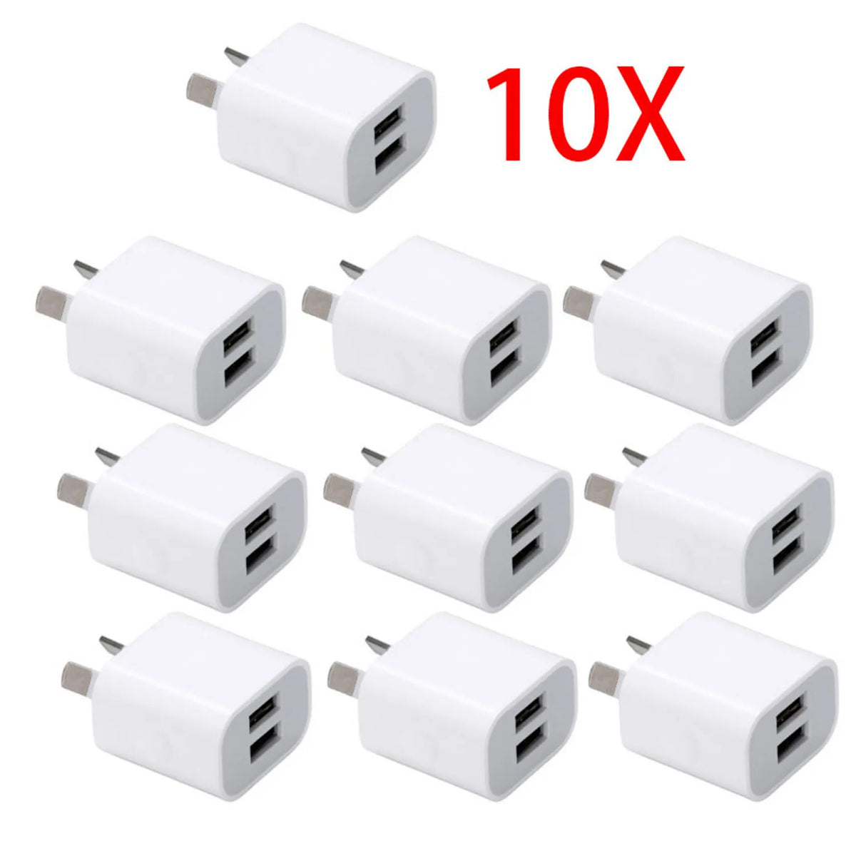 Ten white compact dual-port USB wall chargers with 2.1A output