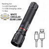 A black cylindrical LED flashlight with a red accent, shown next to its components and connector heads.