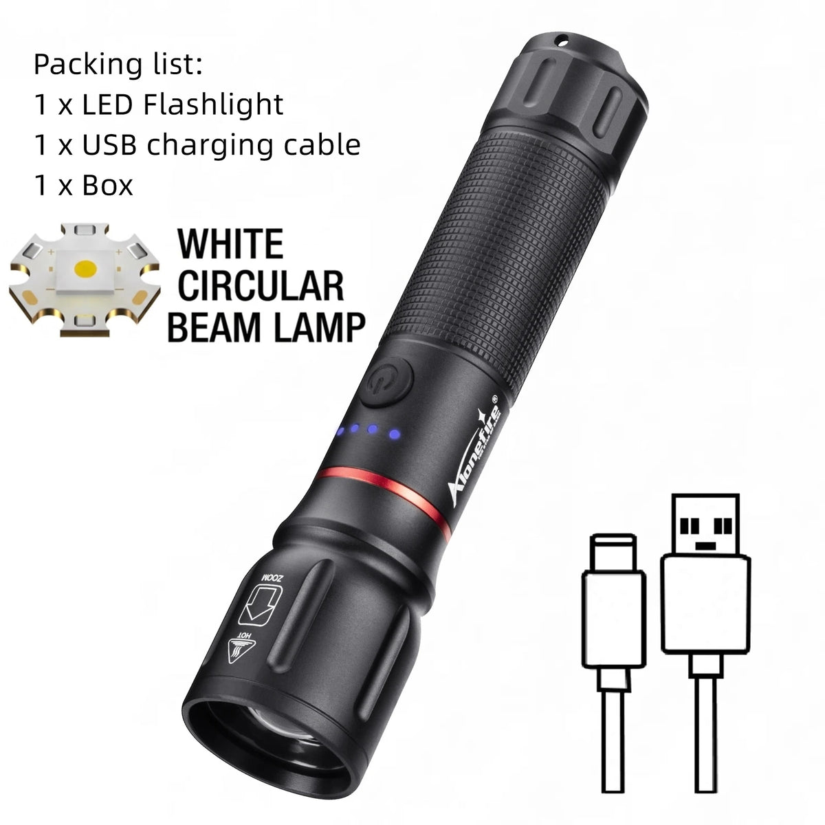 A black cylindrical LED flashlight with a red accent, shown next to its components and connector heads.