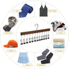 A wooden clip hanger with twelve metal clips is shown alongside various accessories like ties, scarves, tank tops, socks, cap