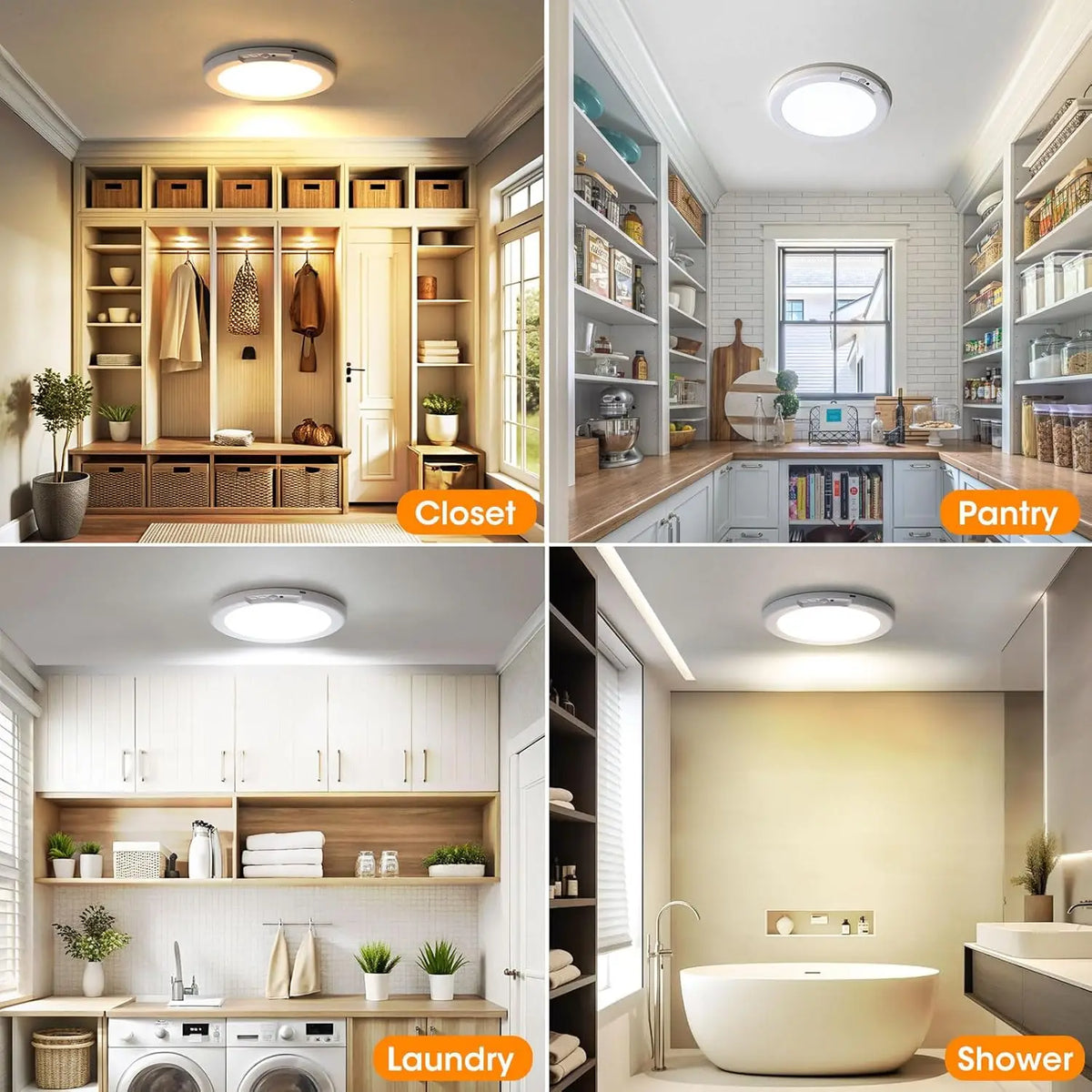 A collection of interior shots showing a closet, pantry, and laundry area with LED motion sensor ceiling lights above them.