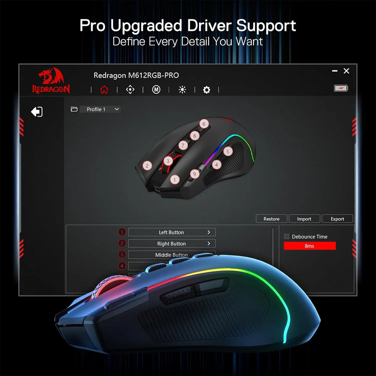 Redragon M612 PRO Gaming Mouse with Advanced 8,000 DPI Sensor and RGB Lighting