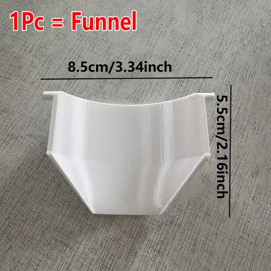 White funnel shaped drain tray for washing machines, measuring 8.5cm or 3.34inch.