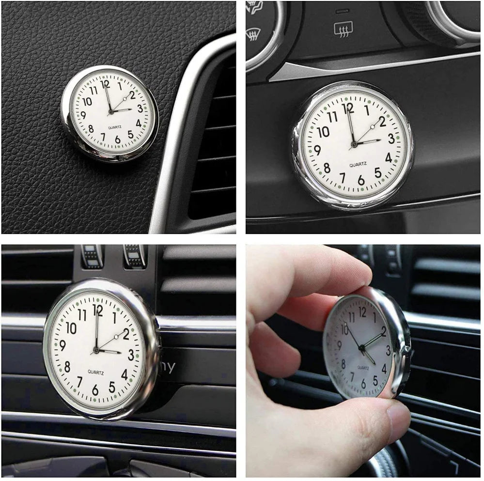 Close-up views of a mini car vent quartz clock with luminous hands mounted in a vehicle interior.