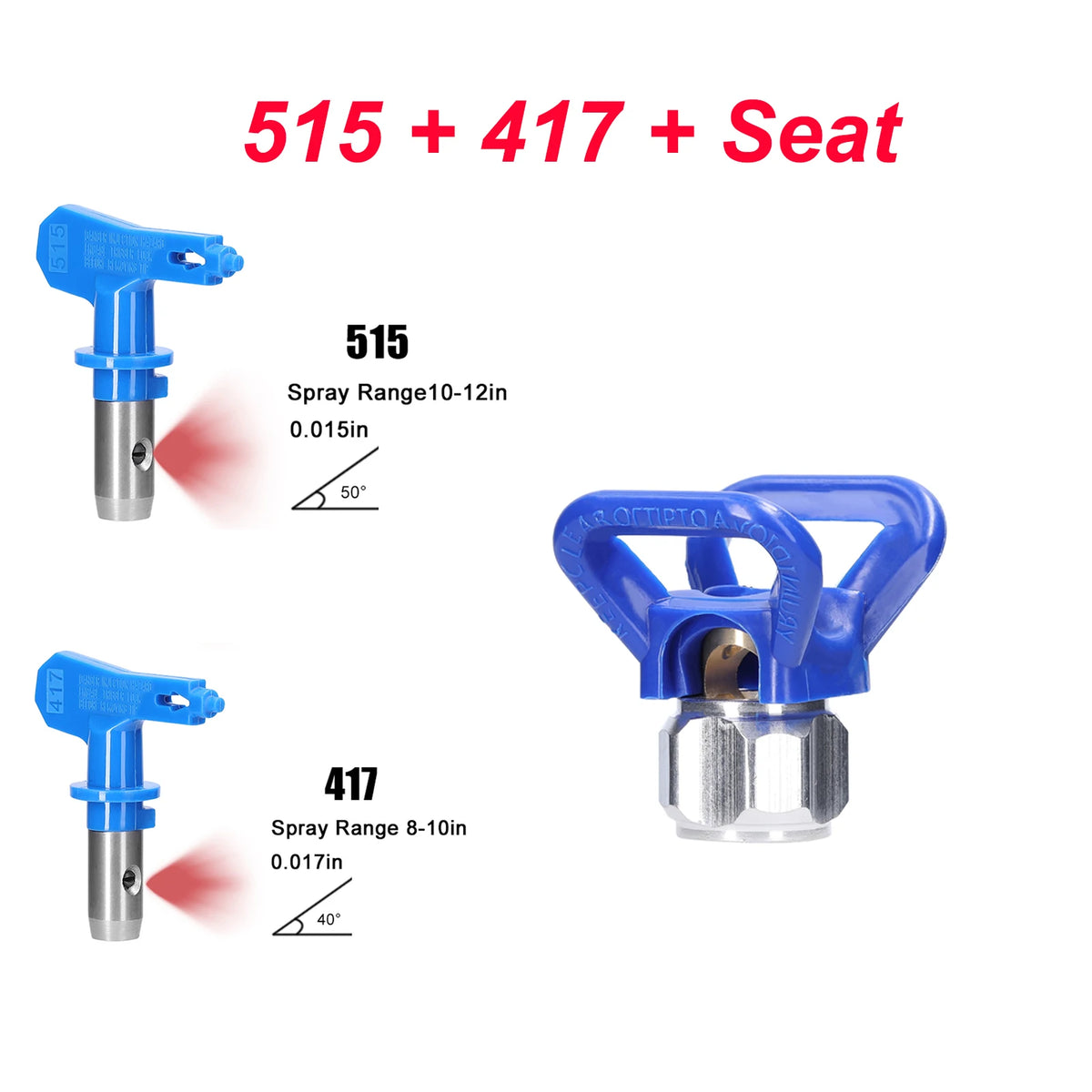 Set of three paint spray nozzles including 515, 417, and a seat for various paint applications.