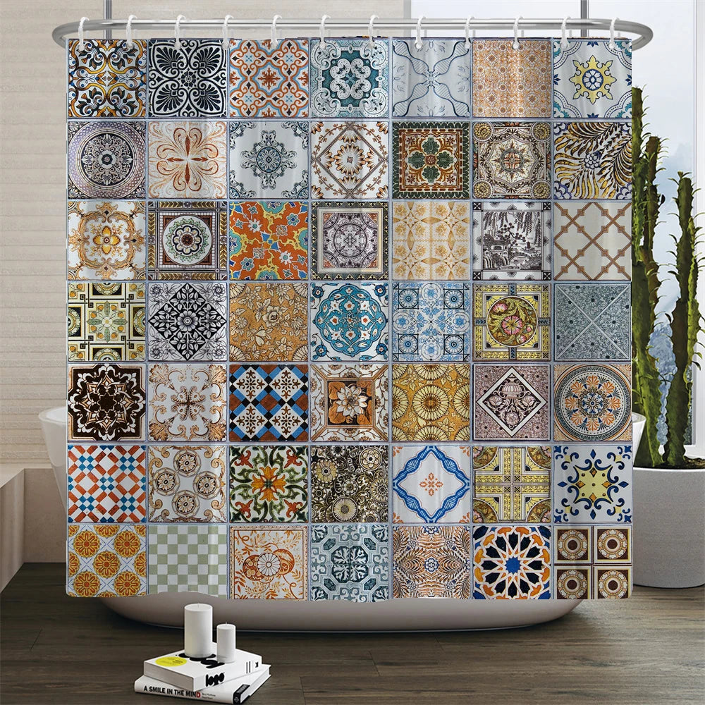 Mandala Boho Shower Curtain with Floral Print