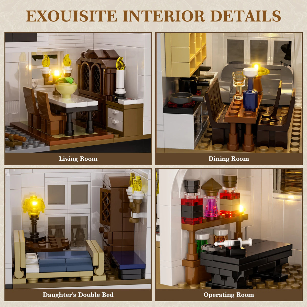 A collection of detailed Victorian interior scenes including a living room, dining room, daughter's double bed, and operating