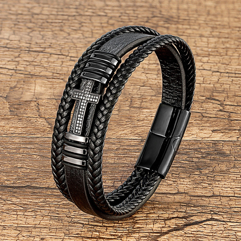 Classic Cross Charm Bracelet with Black Leather Rope