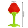 A bright red silicone strawberry baby teether with a lime green base.