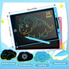 A digital LCD writing tablet showing a dinosaur drawing on a black screen with colorful buttons for erase and lock functions.